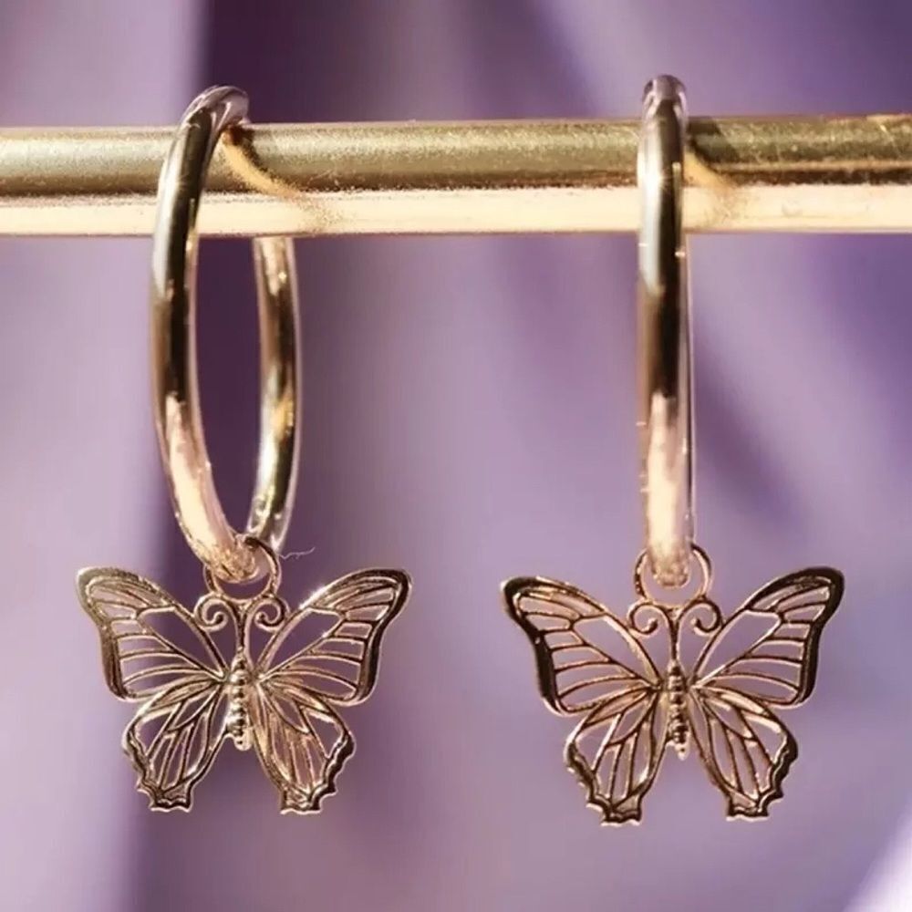 A162 14K ROSE GOLD PLATED BUTTERFLY DROP HOOP EARRINGS - Picture 1 of 6